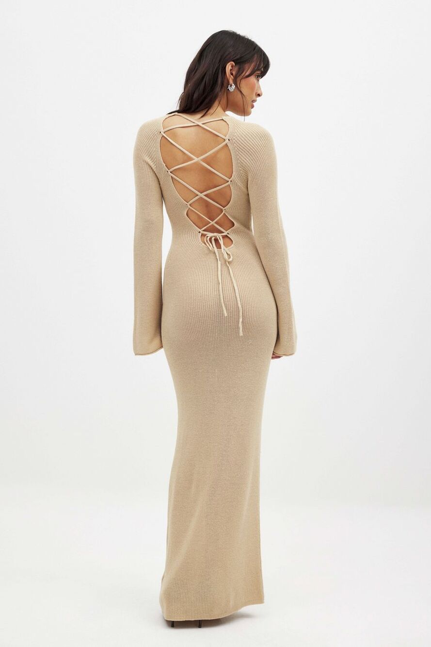 NA-KD Dress Womens M Beige Open Back Lace Detail Knitted Long Sleeve Maxi